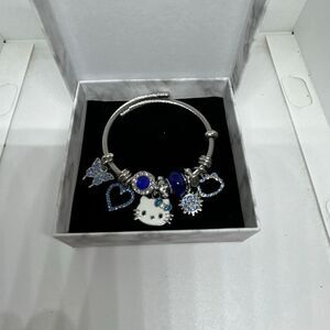 Hello Kitty Charm Bracelet Blue Crystal Heart Butterfly Adjustable Bangle